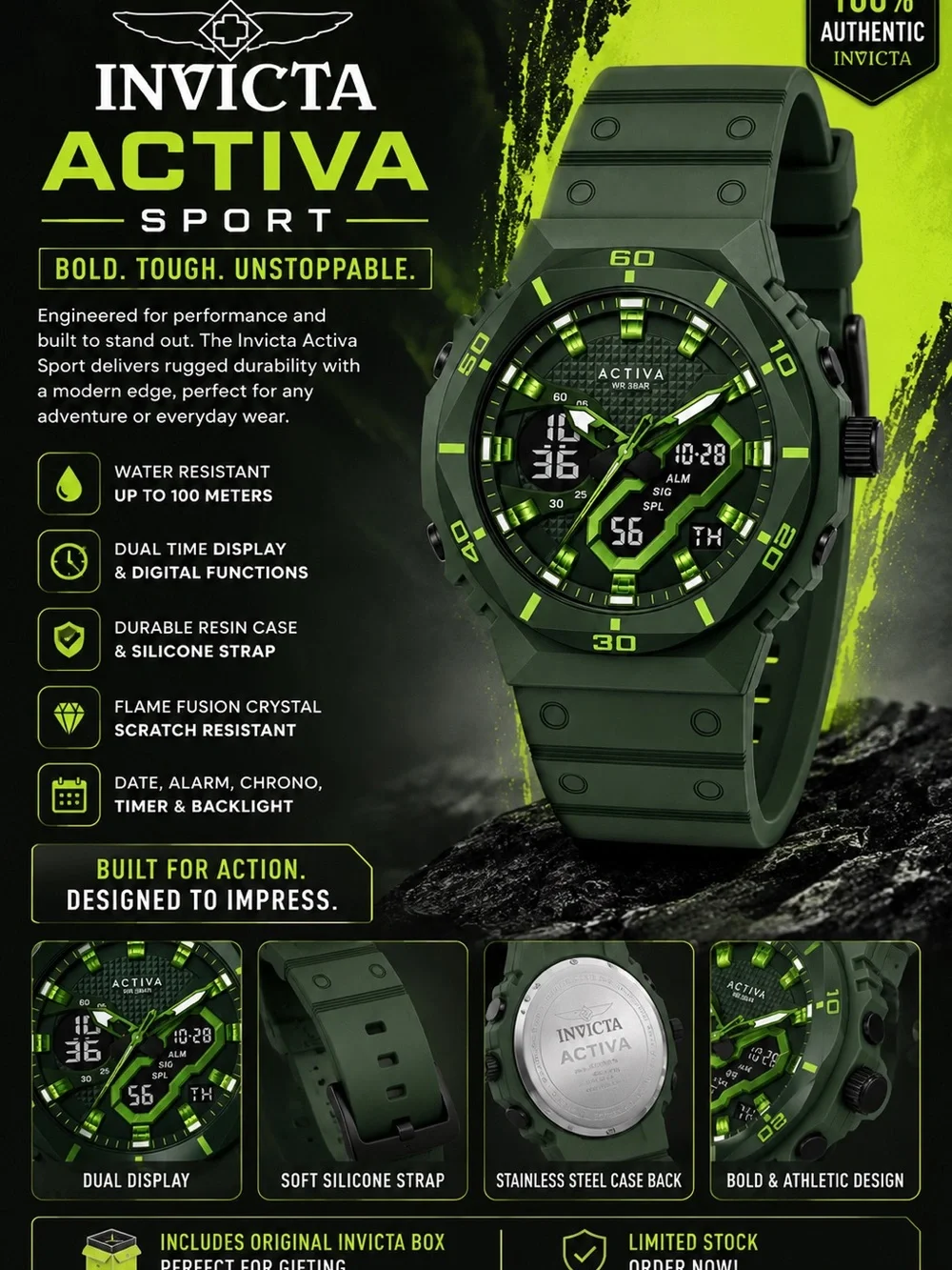 Invicta Activa Sport Green and Black Silicone Strap Watch